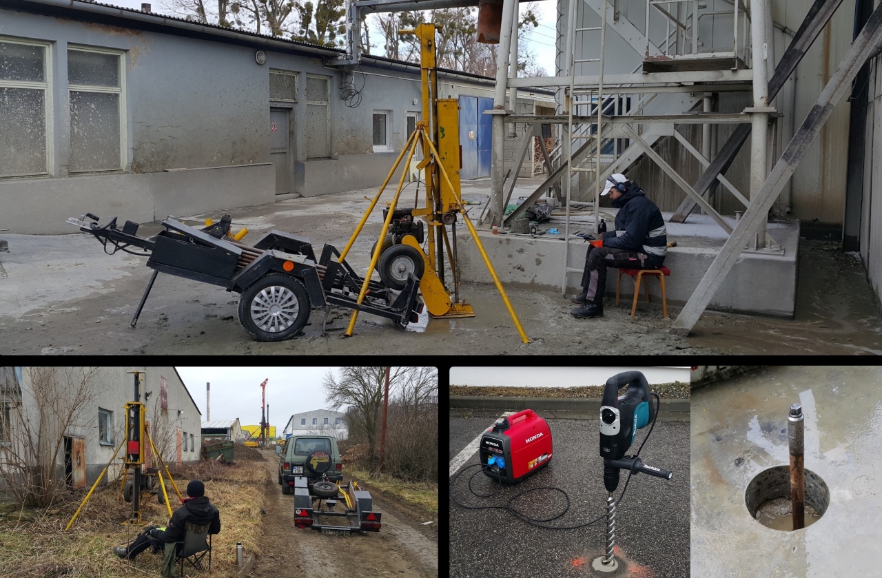 těžká dynamická penetrace DPH - 50 kg - do hl. 12-15 m, včetně předvrtání zpevněných ploch (jádrové 60 a 100mm, spirál 50mm)